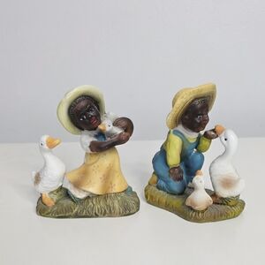 Vintage Chalkware Boy & Girl with Geese Decorative Figurine Set